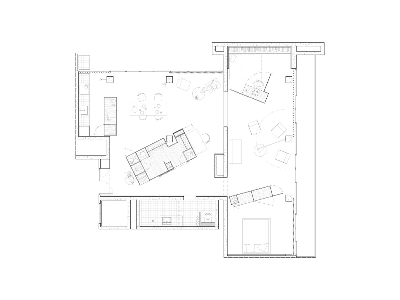 plan . transformation d'un appartement dans la résidence Point-du-Jour · Paris © Fernand Pouillon [ 1963 ] © mbl architectes [ 2018 - 2020 ]