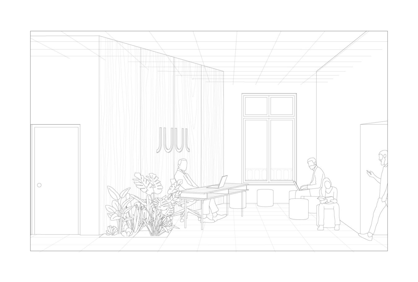 perspective vectorielle . transformation des bureaux de JUUL · Paris [ 2019 ] . © mbl architectes