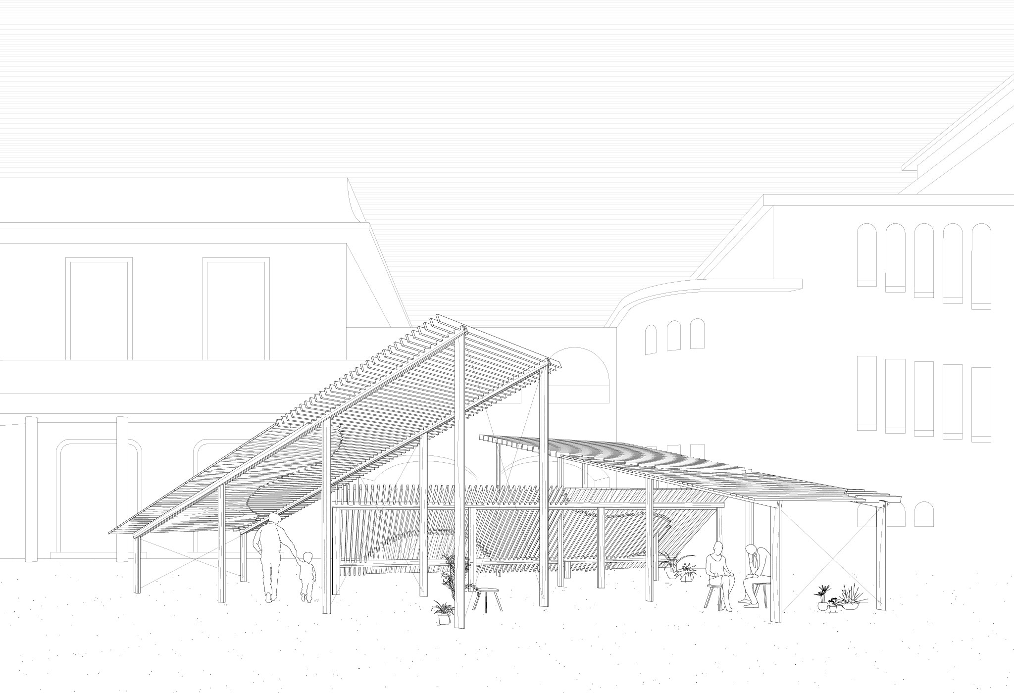 perspective vectorielle . pavillon Kyoto Art Center [ 2018 ] © mbl architectes + © Dots Architects [ construction ]