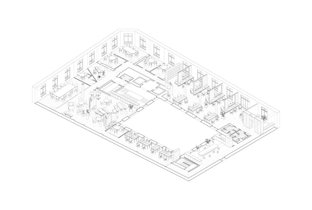 axonométrie vectorielle . transformation des bureaux de JUUL [ 2019 ] . © mbl