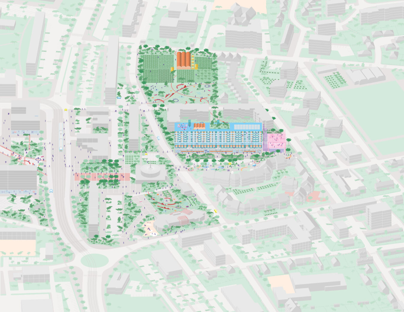 illustration . axonométrie de quartier . architecture ©la soda [ mandataires ] + ©erwan bonduelle [ associés ] + ©coloco [ paysagistes ] . concours Quartiers de demain [ projet lauréat ] . 2025