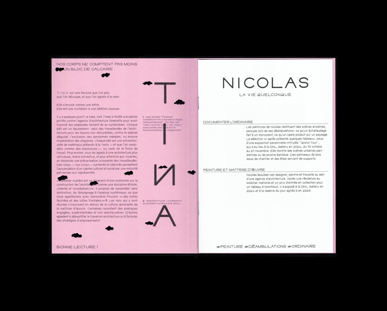 Fanzine T.I.N.A | Projet éditorial en auto-édition avec Fanny Vallin au sein de l'association éponyme | Conception et exécution éditoriale 